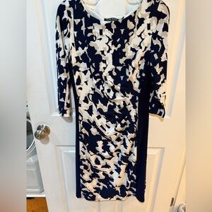 Lauren Ralph Lauren Blue and Cream Dress Crew Neck Gathered on One Side